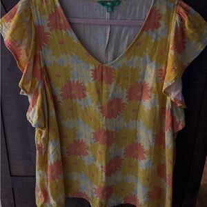 Dip Floral V-Neck Flutter Sleeve Top in Yellow & Coral